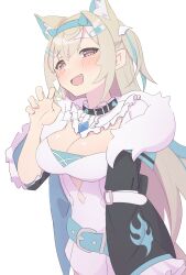 Rule 34 | 1girl, animal ear fluff, animal ears, belt, belt collar, black collar, black jacket, blonde hair, blue belt, blue hair, blush, breasts, claw pose, cleavage, cleavage cutout, clothing cutout, collar, dog ears, dog girl, dress, fang, fur-trimmed jacket, fur trim, fuwawa abyssgard, fuwawa abyssgard (1st costume), hair ornament, hairpin, highres, hololive, hololive english, jacket, kumacy 0, large breasts, long hair, multicolored hair, open mouth, pink eyes, smile, solo, spiked collar, spikes, streaked hair, virtual youtuber, white dress