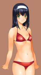 Rule 34 | 1girl, akiba youko, bad id, bad pixiv id, bikini, black hair, blush, breasts, brown background, clenched hands, covered erect nipples, cowboy shot, green eyes, hairband, headband, kamia (not found), looking at viewer, navel, original, red bikini, simple background, small breasts, smile, solo, standing, swimsuit, wide hips