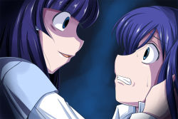 Rule 34 | 10s, 2girls, aoki reika, blue eyes, blue hair, blunt bangs, clenched teeth, crazy eyes, dokidoki! precure, eye contact, hishikawa rikka, holding head, long hair, looking at another, multiple girls, nishi koutarou, portrait, precure, profile, scared, shaded face, smile, smile precure!, teeth, you gonna get raped, yuri