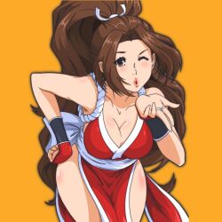 Rule 34 | 1girl, astroboyjed, bare shoulders, blowing kiss, breasts, brown hair, cleavage, fatal fury, large breasts, long hair, looking at viewer, ninja, one eye closed, pelvic curtain, ponytail, shiranui mai, sleeveless, the king of fighters, very long hair, wink, yellow background