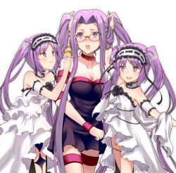 Rule 34 | 3girls, absurdres, alternate hairstyle, black dress, black ribbon, boshi (a-ieba), choker, collar, dress, elbow gloves, euryale (fate), fate/grand order, fate (series), frilled hairband, frills, girl sandwich, glasses, gloves, hair intakes, hairband, headdress, height difference, highres, lolita hairband, long hair, medusa (fate), medusa (rider) (fate), multiple girls, purple eyes, purple hair, ribbon, sandwiched, short dress, siblings, simple background, sisters, sleeveless, stheno (fate), strapless, strapless dress, twins, twintails, twintails day, very long hair, white background, white dress