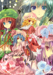 Rule 34 | 5girls, bad id, bad pixiv id, bat wings, beret, blue eyes, bow, china dress, chinese clothes, crescent, crystal, demon wings, dress, expressionless, female focus, flandre scarlet, from behind, green eyes, hat, hong meiling, izayoi sakuya, looking at viewer, looking back, mob cap, multiple girls, patchouli knowledge, pink bow, profile, purple eyes, purple hair, rabishia, red dress, red eyes, red hair, remilia scarlet, silver hair, star (symbol), embodiment of scarlet devil, touhou, upper body, vampire, wings
