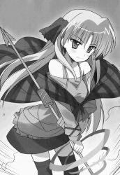 Rule 34 | 1girl, blush, campione!, closed mouth, collarbone, erica blandelli, floating hair, greyscale, hair between eyes, highres, holding, holding polearm, holding spear, holding weapon, long hair, miniskirt, monochrome, novel illustration, off-shoulder shirt, off shoulder, official art, polearm, shirt, sikorsky, skirt, solo, spaghetti strap, spear, standing, thighhighs, very long hair, weapon, zettai ryouiki
