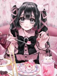 Rule 34 | 1girl, aegyo sal, black bow, black eyeshadow, black hair, blouse, blush, bow, cake, cherry, closed mouth, collared shirt, commentary request, cup, dessert, drinking glass, elbows on table, eyeshadow, food, fruit, hair ornament, hair ribbon, hands up, indoors, jirai kei, long hair, long sleeves, looking at viewer, macaron, makeup, min (mts2314), original, pink shirt, plate, pov across table, restaurant, ribbon, shirt, smile, solo, sparkle, syu-chan (min), table, tiered tray, twintails, upper body