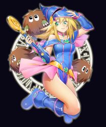 Rule 34 | 1girl, bare shoulders, blonde hair, blue footwear, blue headwear, boots, breasts, dark magician girl, duel monster, eisuke (gobangai hole boys), green eyes, hat, highres, holding, holding wand, kuriboh, long hair, small breasts, wand, wizard hat, yu-gi-oh!