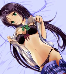 Rule 34 | 10s, 1girl, bed sheet, bikini, black bra, black panties, blue skirt, bonfurai, bow, bowtie, bra, breasts, cleavage, clothes pull, frilled panties, frills, from above, green bow, green eyes, grey shirt, head tilt, highres, long hair, looking at viewer, love live!, love live! school idol project, lying, medium breasts, miniskirt, navel, on back, open clothes, open shirt, open skirt, panties, parted bangs, pillow, pleated skirt, purple hair, purple ribbon, ribbon, see-through, shirt, side-tie bikini bottom, skirt, skirt pull, smile, solo, stomach, striped, striped bow, swimsuit, tojo nozomi, twintails, underwear, very long hair