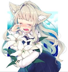 Rule 34 | 1girl, ahoge, animal ears, artist name, blush, closed eyes, cloud, commentary request, crying, dress, flower, highres, holding, holding flower, lily (flower), long hair, long sleeves, nachiru, neck ribbon, nose blush, open mouth, original, outside border, ribbon, signature, silver hair, solo, standing, tears, wiping tears