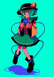 Rule 34 | 1girl, aqua background, black footwear, black hat, blouse, boots, buttons, collared shirt, crystal, fingernails, flying, frills, full body, green eyes, green hair, green skirt, hair between eyes, hands up, hat, hat ribbon, heart, highres, jewelry, komeiji koishi, long sleeves, looking to the side, menma (enaic31), orange ribbon, orange shirt, ribbon, shadow, shirt, short hair, simple background, skirt, solo, third eye, touhou, wide sleeves