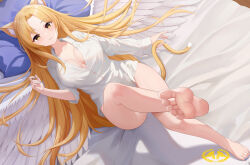 Rule 34 | 1girl, animal ears, barefoot, bed, blonde hair, cat ears, cat tail, feet, highres, light blush, long hair, looking at viewer, parted lips, soles, tail, toes, yellow eyes, yue feiya