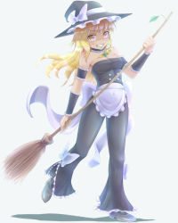 Rule 34 | 1girl, adapted costume, alternate costume, bad id, bad pixiv id, bell-bottoms, blonde hair, braid, breasts, broom, cleavage, collar, curry fuumi, fang, female focus, grin, kirisame marisa, medium breasts, mizuoka (curry), pants, smile, solo, strapless, tight clothes, touhou, tube top, yellow eyes