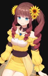 Rule 34 | 1girl, bad id, bad twitter id, blue eyes, breasts, brown hair, dress, drill hair, flower, full body, hair flower, hair ornament, hb (qwqw1697), highres, holding, holding staff, jewelry, long hair, long sleeves, looking at viewer, medium breasts, necklace, original, solo, staff, sunflower, sunflower hair ornament, yellow dress