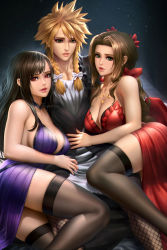 Rule 34 | 1boy, 2girls, aerith gainsborough, aerith gainsborough (red dress), artist name, bare shoulders, black dress, black hair, black thighhighs, blonde hair, braid, breasts, brown hair, cleavage, cloud strife, crossdressing, dress, final fantasy, final fantasy vii, final fantasy vii remake, fishnet legwear, fishnets, girl sandwich, green eyes, highres, jewelry, large breasts, light particles, looking at viewer, multiple girls, nail polish, necklace, neoartcore, parted lips, patreon username, purple dress, red dress, red eyes, sandwiched, square enix, thighhighs, tifa lockhart, tifa lockhart (refined dress), twin braids, wall market