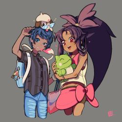 Rule 34 | 1boy, 1girl, animal, backpack, bag, blue eyes, blue hair, creatures (company), eyebrows, game freak, gen 2 pokemon, glasses, heart, highres, iris (pokemon), liline (liline 01), long hair, matching hair/eyes, nintendo, original, pants, pokemon, pokemon (creature), pokemon bw2, purple hair, red eyes, shirt, short hair, simple background, smeargle, substitute, tongue, tongue out, very long hair