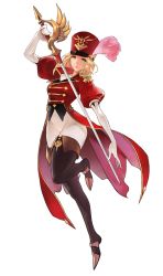 Rule 34 | 1girl, black legwear, blonde hair, blue eyes, elbow gloves, epaulettes, full body, gloves, hat, hat feather, holding, holding sword, holding weapon, looking at viewer, rachel (seven knights), seven knights, solo, standing, standing on one leg, sword, uniform, weapon, white gloves