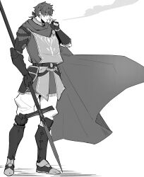 Rule 34 | 1boy, absurdres, boots, cape, cigarette, facial hair, fate/grand order, fate (series), fingerless gloves, from side, full body, gauntlets, gloves, goatee, hair ribbon, haruakira, hector (fate), highres, holding, holding cigarette, holding polearm, holding weapon, lance, looking to the side, male focus, mature male, monochrome, pants, polearm, ponytail, ribbon, simple background, smoke, smoking, solo, standing, tabard, weapon