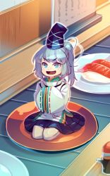 Rule 34 | 1girl, :d, blue eyes, blush, bottle, conveyor belt, dress, female focus, fish (food), food, full body, grey hair, hands in opposite sleeves, hat, indoors, japanese clothes, kneeling, long hair, long image, long sleeves, looking at viewer, mini person, minigirl, mononobe no futo, nigirizushi, one-hour drawing challenge, open mouth, plate, ponytail, seiza, sitting, smile, solo, soy sauce, string, sushi, tall image, tate eboshi, touhou, wide sleeves, zounose
