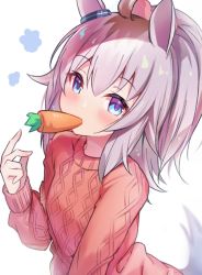 Rule 34 | 1girl, ahoge, animal ears, aran sweater, blush, cable knit, carrot, commentary, food in mouth, grey hair, hair between eyes, horse ears, horse girl, horse tail, long sleeves, looking at viewer, mouth hold, oguri cap (umamusume), ponytail, red sweater, simple background, sleeves past wrists, solo, sweater, symbol-only commentary, tail, tatenayua, umamusume, white background
