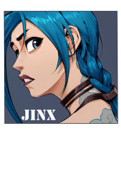 Rule 34 | 1girl, absurdres, arcane: league of legends, arcane jinx, asymmetrical bangs, black eyes, blue hair, brown background, brown choker, bu ruo1996 (caricaturist), character name, choker, cloud tattoo, commentary request, from side, highres, jinx (league of legends), league of legends, long hair, looking at viewer, neck tattoo, portrait, red lips, shoulder tattoo, sideways glance, simple background, tattoo, teeth, white background
