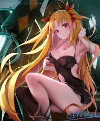 Rule 34 | 1girl, artist name, bare arms, bare shoulders, black dress, black skirt, black thighhighs, blonde hair, blush, breasts, cleavage, closed mouth, clothing cutout, collarbone, cticket, dress, english text, ereshkigal (fate), eyelashes, fate/grand order, fate (series), hair ribbon, halterneck, hands up, head tilt, highres, indoors, long hair, looking at viewer, medium breasts, microdress, navel cutout, parted bangs, pleated skirt, red eyes, red ribbon, ribbon, sidelocks, single thighhigh, sitting, skindentation, skirt, sleeveless, sleeveless dress, solo, thighhighs, tiara, two side up, very long hair