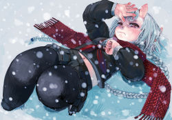 Rule 34 | 1girl, black serafuku, braid, crying, crying with eyes open, ebimomo, fang, from above, horns, legs up, long hair, looking at viewer, lying, midriff, navel, on back, oni, original, outdoors, pantyhose, pointy ears, red eyes, red scarf, scarf, school uniform, serafuku, shirt, silver hair, skirt, snow, solo, tears, winter