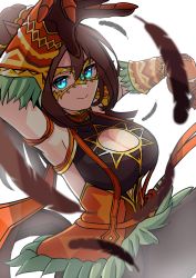 Rule 34 | 1girl, absurdres, animal ears, armpits, arms up, blue eyes, bodysuit, breasts, brown hair, cleavage, cleavage cutout, closed mouth, clothing cutout, domino mask, el condor pasa (kukulkan monk) (umamusume), el condor pasa (umamusume), feathers, gauntlets, highres, horse ears, horse girl, horse tail, large breasts, long hair, looking at viewer, mask, petoka, ponytail, simple background, smile, solo, tail, umamusume, upper body, white background