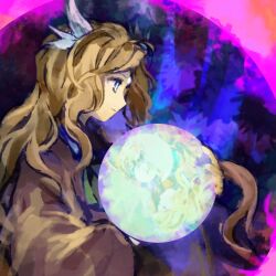 Rule 34 | 1girl, ascot, blonde hair, blue eyes, blue shirt, brown jacket, closed mouth, commentary request, forehead jewel, from side, green ascot, holding orb, jacket, kaigen 1025, kikuri (touhou), long hair, long sleeves, orb, shirt, touhou, touhou (pc-98), upper body