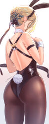 1girl alternate_costume ass ass_focus bare_shoulders blonde_hair bow breasts embarrassed evelyn_chevalier from_behind hair_bow hair_bun hair_ribbon large_breasts leotard mitsukayurie pantyhose playboy_bunny rabbit_ears rabbit_tail ribbon short_hair_with_long_locks sideboob solo tail wrist_cuffs zenless_zone_zero