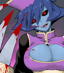 Rule 34 | 1girl, black sclera, blood, blood on clothes, blue hair, blue skin, breasts, capcom, claws, cleavage, colored sclera, colored skin, fangs, flipped hair, hat, head tilt, huge breasts, large breasts, lei lei, looking at viewer, open mouth, red eyes, short hair, smile, solo, tsukudani (coke-buta), vampire (game)