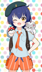 Rule 34 | 1girl, ;d, backpack, bag, beret, black headwear, blue hair, blue shirt, cinccino, collarbone, collared shirt, commentary request, cosplay, cowboy shot, creatures (company), crossover, drawstring, game freak, gen 5 pokemon, gochuumon wa usagi desu ka?, hair between eyes, hand on own hip, hat, highres, holding, holding poke ball, jouga maya, looking at viewer, mitya, multicolored polka dots, necktie, nintendo, on shoulder, one eye closed, open mouth, orange eyes, orange necktie, orange shorts, outstretched arm, pocket, poke ball, poke ball (basic), pokemon, pokemon sv, polka dot, polka dot background, shirt, short hair, short sleeves, shorts, simple background, smile, star (symbol), striped clothes, striped shorts, tilted headwear, twitter username, vertical-striped clothes, vertical-striped shorts, white background, yellow eyes