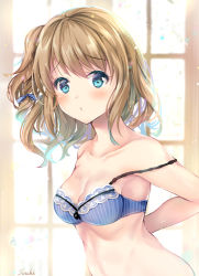Rule 34 | 1girl, arm behind back, bad id, bad pixiv id, bare arms, bare shoulders, blue bow, blue bra, blue eyes, blush, bow, bra, braid, brown hair, closed mouth, collarbone, commentary request, hair between eyes, hair bow, looking at viewer, md5 mismatch, no shirt, original, resolution mismatch, single braid, solo, strap slip, striped bow, striped bra, striped clothes, suihi, underwear, undressing, vertical-striped bra, vertical-striped clothes, window