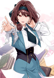 Rule 34 | 1girl, anna (s-rank boukensha), bare shoulders, black necktie, blue skirt, blue vest, blurry, blurry foreground, book, breasts, brown eyes, brown hair, collared shirt, commentary, cowboy shot, detached sleeves, hairband, headset, highres, large breasts, long hair, necktie, open mouth, paper, s-rank boukensha de aru ore no musume tachi wa juudo no fathercon deshita, shirt, shunichi, skirt, sleeveless, sleeveless shirt, teeth, upper teeth only, vest, white background, white shirt