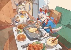 Rule 34 | 2girls, ahoge, animal ears, blue eyes, blue jacket, blue shirt, bottle, bowl, chicken (food), closed mouth, commentary request, controller, cooking, couch, cup, eating, food, fork, fried chicken, greyscale, griddle, hairband, holding, holding bowl, holding fork, holding spatula, horse ears, horse girl, horse tail, indoors, jacket, karaage, ladle, long hair, long sleeves, monochrome, motoyama torazirou, multicolored hair, multiple girls, oguri cap (umamusume), okonomiyaki, open mouth, pillow, remote control, rice cooker, rug, shirt, sitting, smile, spatula, steam, sweater, tail, tamamo cross (umamusume), two-tone hair, umamusume, watermark