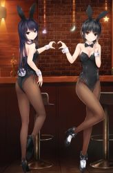 Rule 34 | 2girls, animal ears, aoyama sumika, ass, bar (place), bar stool, bare shoulders, black hair, brown eyes, coffee-kizoku, fake animal ears, fishnet pantyhose, fishnets, from behind, hairband, heart, heart hands, heart hands duo, high heels, highres, jpeg artifacts, leotard, long hair, looking at viewer, looking back, multiple girls, necktie, original, pantyhose, playboy bunny, rabbit ears, rabbit tail, shiramine rika, short hair, smile, source request, stool, tail, wrist cuffs