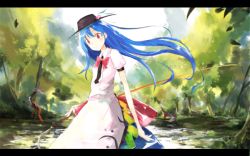 Rule 34 | 1girl, bad anatomy, black hat, blouse, blue dress, blue hair, bow, cowboy shot, dress, food, forest, fruit, hat, hinanawi tenshi, holding, holding weapon, letterboxed, long hair, looking at viewer, nature, peach, poorly drawn, puffy short sleeves, puffy sleeves, rainbow order, red bow, red eyes, shirt, short sleeves, smile, solo, standing, sword of hisou, tetsurou (fe+), touhou, weapon, white shirt, wing collar