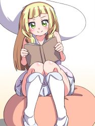 Rule 34 | &gt;:), 1girl, alternate color, bad id, bad pixiv id, bare arms, bare shoulders, bean bag chair, blonde hair, blunt bangs, blush, book, braid, closed mouth, collarbone, collared dress, creatures (company), dress, eyelashes, fingernails, game freak, green eyes, hakuto (acryl c), hat, highres, holding, holding book, kneehighs, knees together feet apart, lillie (pokemon), long hair, looking down, nintendo, open book, pokemon, pokemon sm, reading, shadow, shiny skin, shoes, sitting, sleeveless, sleeveless dress, smile, socks, solo, sun hat, sundress, twin braids, v-shaped eyebrows, white dress, white footwear, white hat, white socks