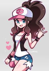 Rule 34 | 1girl, :d, bag, baseball cap, black vest, blue eyes, breasts, brown hair, creatures (company), cropped vest, cutoffs, denim, denim shorts, game freak, grey background, hand up, handbag, hat, heart, high ponytail, highres, hilda (pokemon), long hair, looking at viewer, nintendo, open hand, open mouth, poke ball print, pokemon, pokemon bw, shirt, short shorts, shorts, sidelocks, simple background, smile, solo, thighs, touyarokii, vest, white shirt, wristband