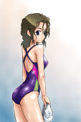 Rule 34 | 1girl, ass, back, blue eyes, brown hair, competition swimsuit, curly hair, female focus, gradient background, looking back, michael f91, one-piece swimsuit, solo, swim cap, swimsuit, wet