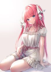 Rule 34 | 1girl, absurdres, aki kakao, belt, blue eyes, breasts, cleavage, closed mouth, collarbone, dress, go-toubun no hanayome, gradient background, hair ribbon, highres, large breasts, long hair, looking at viewer, nakano nino, pink background, pink belt, pink hair, ribbon, sitting, solo, straight hair, thighs, twitter username, white dress, white ribbon