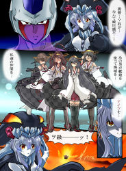 Rule 34 | 6+girls, ^^^, abyssal ship, admiral (kancolle), colored skin, comic, commentary request, cooler (dragon ball), crossover, dragon ball, dragonball z, haruna (kancolle), hiei (kancolle), highres, kantai collection, kirishima (kancolle), kongou (kancolle), multiple girls, non-human admiral (kancolle), northern ocean princess, parody, remodel (kantai collection), shaded face, splashing, thighhighs, tonchinkan, translation request, white skin, wo-class aircraft carrier
