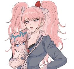 Rule 34 | 1girl, black bra, blue eyes, bow, bra, breasts, cleavage, collarbone, commentary request, cosplay, danganronpa: trigger happy havoc, danganronpa (series), enoshima junko, enoshima junko (cosplay), freckles, hair bow, hair ornament, hand on own hip, highres, holding, ikusaba mukuro, lace, lace-trimmed bra, lace trim, leonham (ila 55555), long hair, looking at viewer, magazine (object), medium breasts, necktie, pink hair, polka dot neckwear, rabbit hair ornament, red bow, shirt, skirt, sleeves rolled up, solo, twintails, underwear, white bow