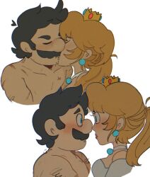 Rule 34 | 1boy, 1girl, black hair, blonde hair, blue eyes, blush, breasts, crown, earrings, face-to-face, facial hair, jewelry, kiss, looking at another, mario, mario (series), medium breasts, mustache, nintendo, ponytail, princess peach, upper body
