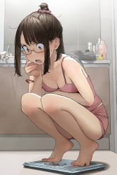 Rule 34 | 1girl, barefoot, bathroom, bathroom scale, blush, bottle, breasts, brown-framed eyewear, brown eyes, brown hair, censored, cleavage, commentary request, douki-chan (douki-chan), downblouse, fingernails, full body, ganbare douki-chan, glasses, hair ornament, hair scrunchie, highres, medium breasts, mosaic censoring, off shoulder, open mouth, pink scrunchie, pink shorts, rubber duck, scrunchie, short hair, shorts, solo, squatting, strap slip, teeth, toenails, toes, weighing scale, yomu (sgt epper)