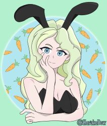 Rule 34 | 1girl, blonde hair, blue eyes, carrot, diana cavendish, female focus, hand on own face, harukadew, leotard, little witch academia, long hair, playboy bunny, rabbit ears, simple background, smile, tagme