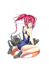 Rule 34 | 10s, 1girl, :&lt;, ass, blush, embarrassed, from behind, full body, hair ornament, i-168, i-168 (kancolle), kantai collection, lowres, official art, one-piece swimsuit, ponytail, red eyes, red hair, ribbon, school swimsuit, school uniform, serafuku, sitting, solo, swimsuit, syobonne, transparent background, wariza