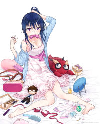 Rule 34 | 1girl, adjusting hair, arm up, bag, barefoot, black hair, bliss (ferment factory), blush, bow, breasts, cleavage, comb, doll, dress, feet, hair ribbon, handbag, heart, jacket, jewelry, legs, long hair, makeup, mouth hold, necklace, off shoulder, original, ponytail, purple eyes, ribbon, sitting, unworn socks, soles, toes, tsurime, white background
