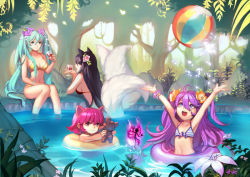 Rule 34 | &gt;:(, 4girls, ahri (league of legends), alternate costume, alternate skin color, animal ears, annie (league of legends), armpits, arms up, ask (dreaming cat), ball, beachball, bikini, blue eyes, blue hair, bracelet, breasts, cleavage, day, drinking, fake animal ears, flat chest, flower, flower on head, forest, fox ears, fox tail, frown, hair flower, hair ornament, hairband, innertube, jewelry, league of legends, lipstick, long hair, looking at another, looking up, lulu (league of legends), makeup, midriff, multiple girls, multiple tails, nature, navel, outdoors, partially submerged, pink hair, pix (league of legends), pool, purple eyes, purple hair, red bikini, red eyes, red hair, serious, short hair, sideboob, sitting, soaking feet, sona (league of legends), sparkle, swim ring, swimsuit, tail, tibbers, tree shade, twintails, v-shaped eyebrows, white flower, yellow bikini, yordle
