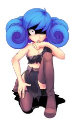 Rule 34 | 1girl, artist name, blood, blood from mouth, blue hair, boots, breasts, cleavage, curly hair, fairy tail, full body, highres, juvia lockser, kneeling, midriff, navel, scratches, shaded face, signature, solo, thigh boots, thighhighs, torn clothes, yoyochaan