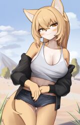 Rule 34 | 1girl, animal ears, black jacket, black shorts, blonde hair, breasts, closed mouth, crop top, fox ears, fox girl, fox tail, furry, furry female, highres, jacket, jeifier (korfiorano01), large breasts, long sleeves, midriff, original, short shorts, shorts, smile, solo, stomach, tail, yellow eyes