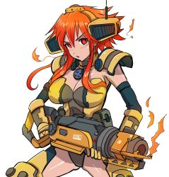 Rule 34 | 1girl, animification, armor, blush, breasts, cannon, cleavage, elbow gloves, fire, gloves, gun, helmet, hmage, large breasts, looking at viewer, orange eyes, orange hair, parted lips, pyrokinesis, scorch (titanfall 2), simple background, thighhighs, titanfall, titanfall (series), titanfall 2, transparent background, weapon