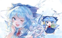 Rule 34 | 1girl, :d, ;d, blue bow, blue dress, blue eyes, blue hair, bow, cirno, collared shirt, detached wings, dress, frozen frog, hair bow, highres, ice, ice wings, kozumi (tokuni naitteba), looking at viewer, multiple views, one eye closed, open mouth, shirt, short hair, short sleeves, smile, star (symbol), touhou, white shirt, wings